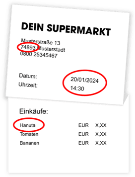 Kassenbon Beispiel Bild mit Datum, Uhrzeit, Postleitzahl und Aktionsprodukt